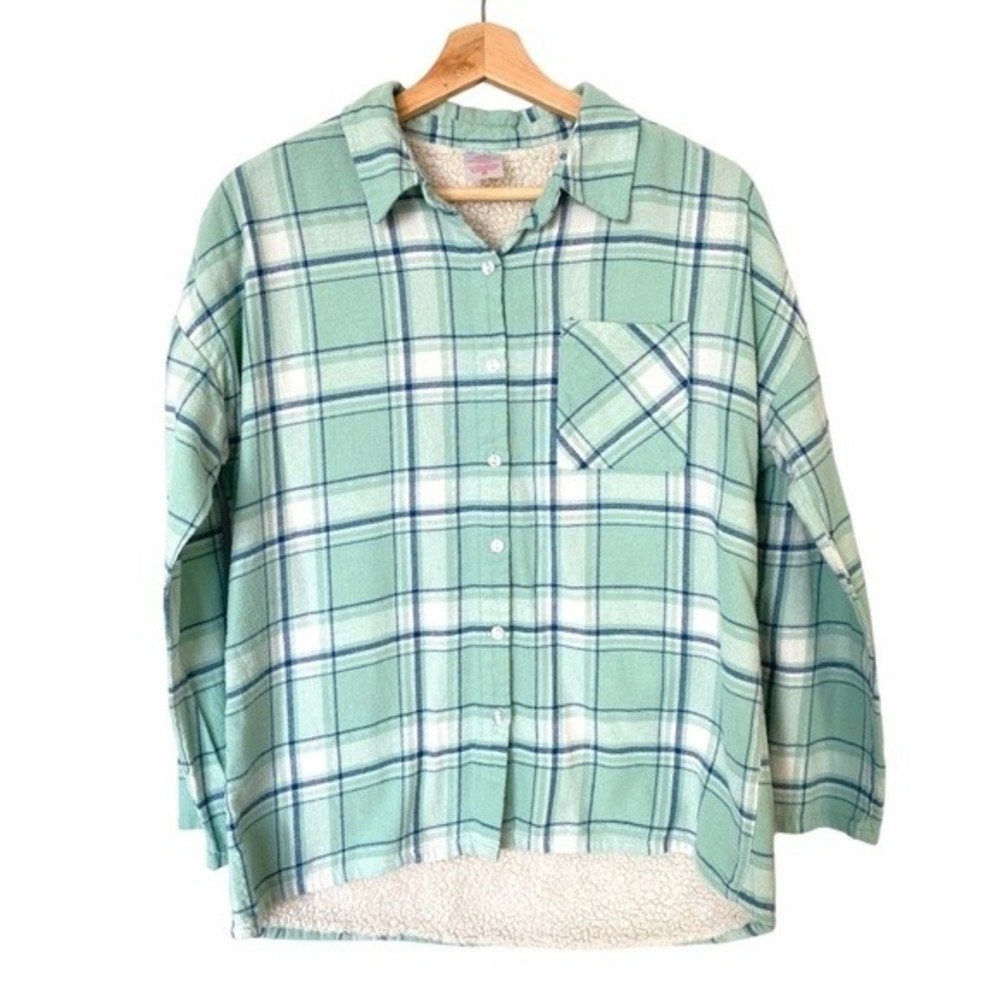 Mint Green Blue Plaid Shacket girls Large (11-13) Button Up Adjustable sleeve